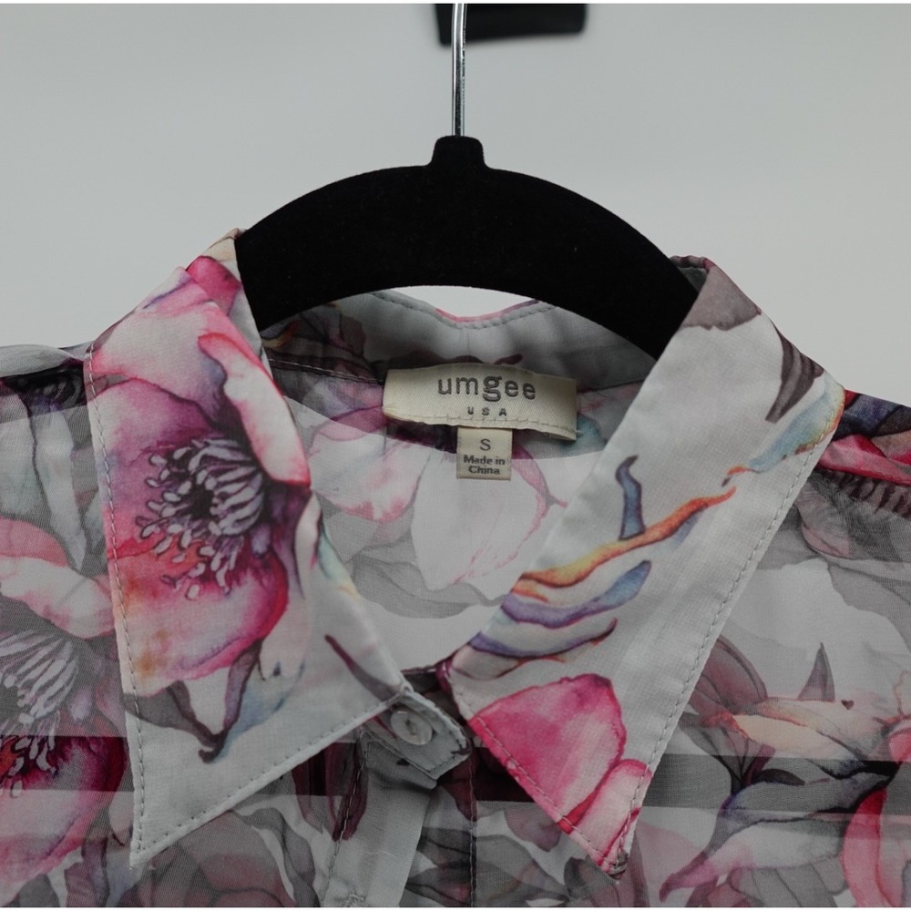 Umgee USA Pink Floral Sheer Button Down Blouse Long Sleeve Top A3854 Small - Picture 2 of 8